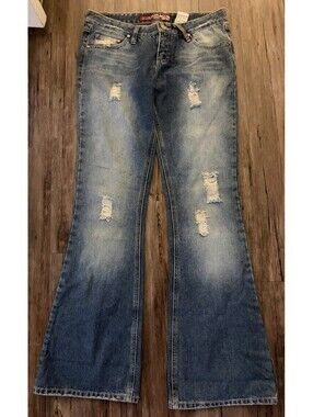 Vintage Y2K Mudd Low Rise Flare Jeans Distressed Blue Sz 30